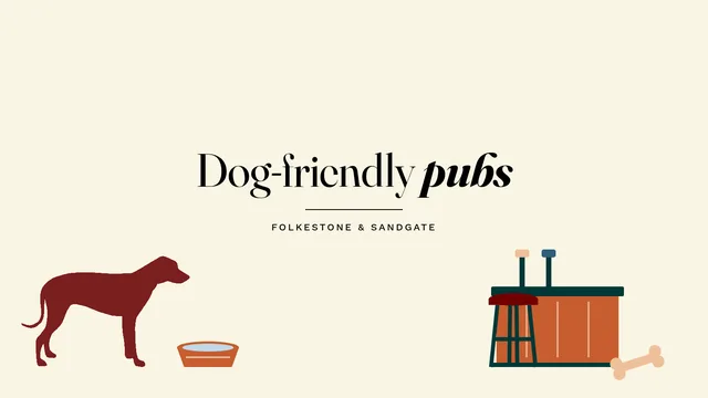 Dog-friendly pubs, Folkestone & Sandgate: illustration of a dog standing by a water bowl, with a bar, a bar stool and a bone on the other side