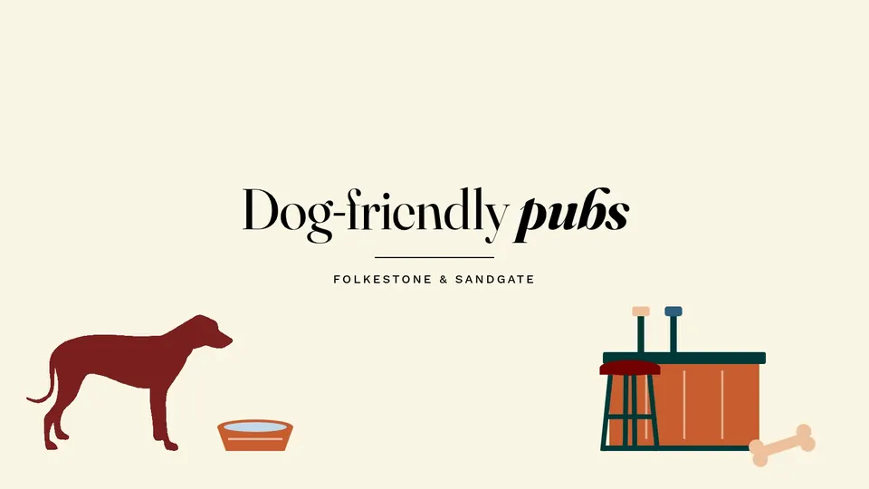 Dog-friendly pubs, Folkestone & Sandgate: illustration of a dog standing by a water bowl, with a bar, a bar stool and a bone on the other side