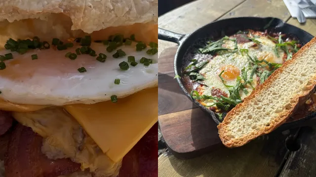 Two photos side by side: a breakfast roll at The Pullman with bacon, a fried egg and melted cheese, and baked eggs in a cast-iron pan with toasted bread at The Ship Inn, next to the words Breakfast, every day, 10–12, Folkestone & Sandgate