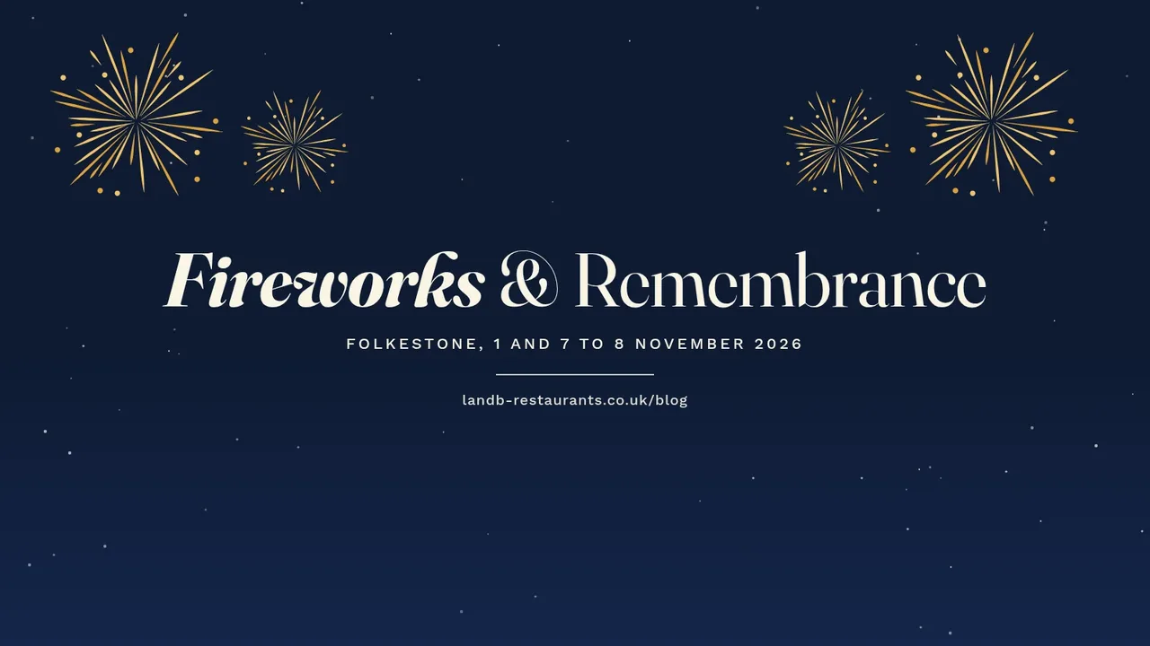 Gold fireworks in a deep navy night sky, with the words Fireworks & Remembrance, Folkestone, 1 and 7 to 8 November 2026
