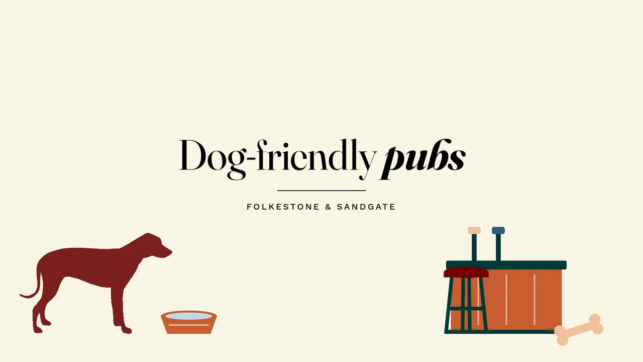 Dog-friendly pubs, Folkestone & Sandgate: illustration of a dog standing by a water bowl, with a bar, a bar stool and a bone on the other side