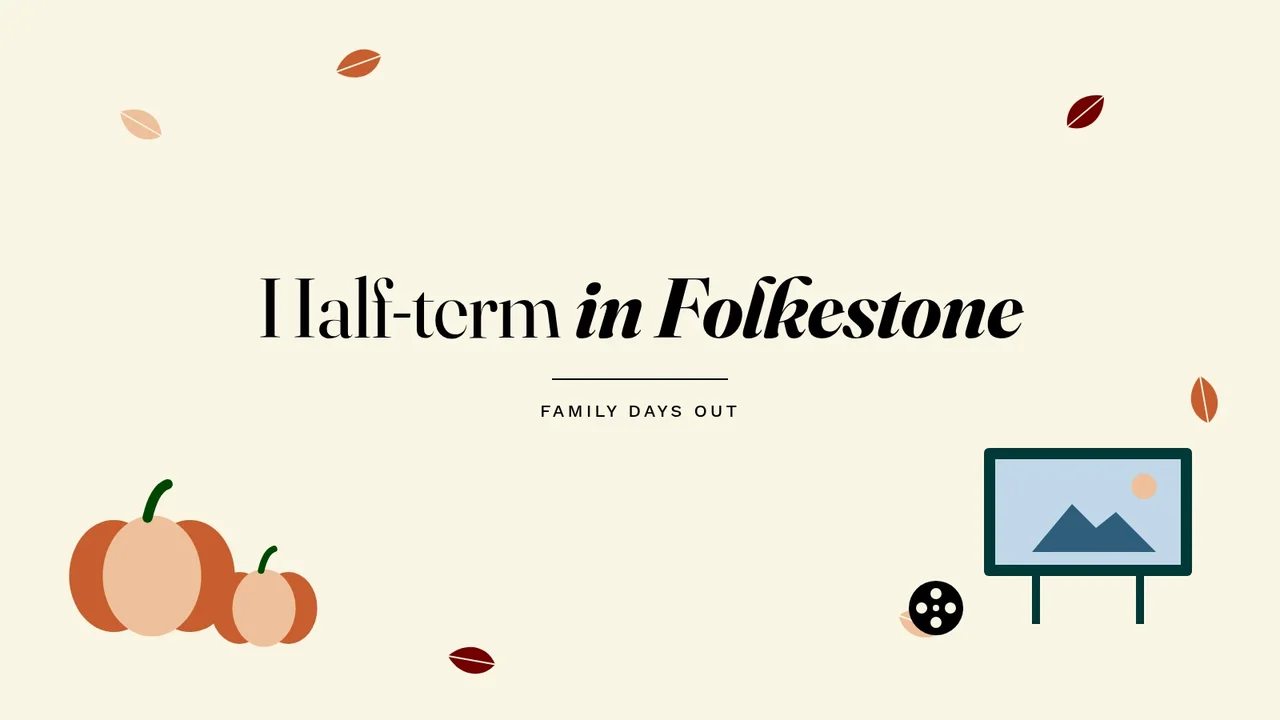 Illustrated autumn banner reading Half-term in Folkestone, with pumpkins, falling leaves and a small outdoor cinema screen