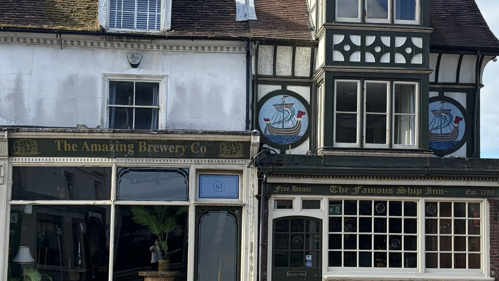 The Ship Inn’s mock-Tudor frontage in Sandgate under a bright blue morning sky