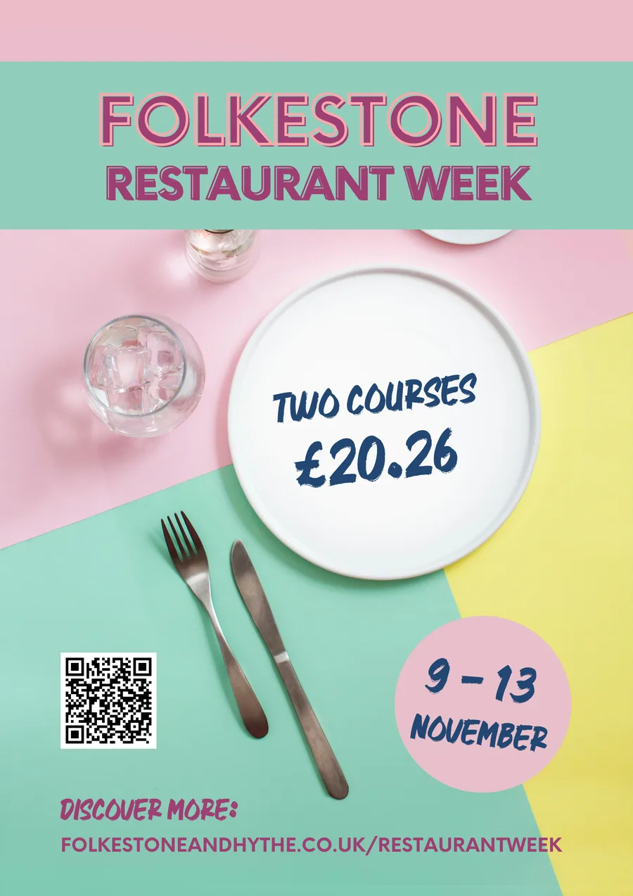 Folkestone Restaurant Week poster: a white plate with a knife and fork on pink, green and yellow. Two courses £20.26, 9 to 13 November. Discover more at folkestoneandhythe.co.uk/restaurantweek