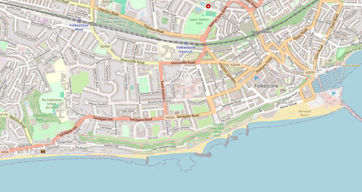 Street map of Folkestone and Sandgate showing where each L&B venue is. The numbers match the list below.
