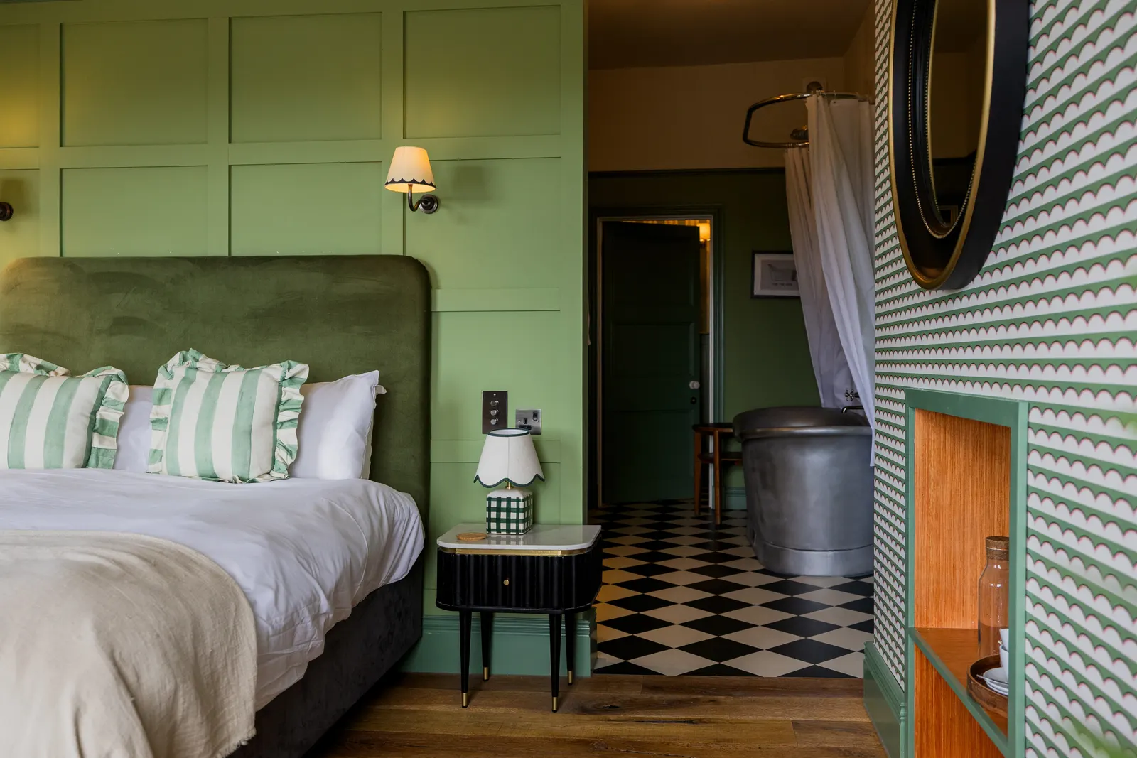 Room 2's bathroom at London & Paris Hotel, Folkestone, with a chequerboard floor