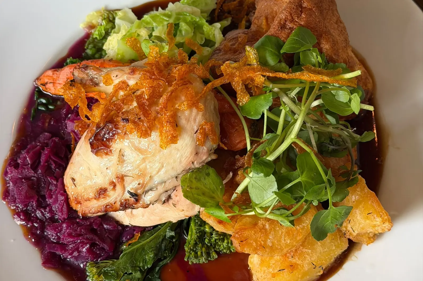 Roast chicken with red cabbage, carrots and fresh cress at The Ship Inn, Sandgate