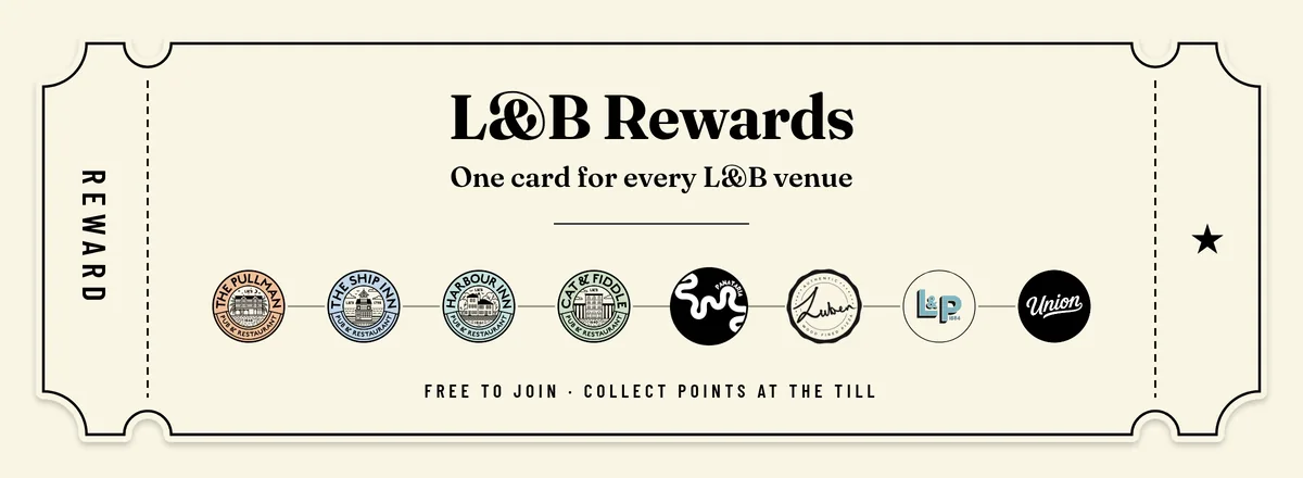 L&B Rewards ticket: one card for every L&B venue, with the venue roundels. Free to join, collect points at the till.